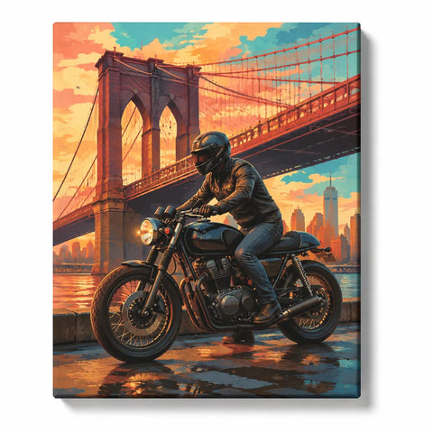 Motorcycle Paint by Numbers For Adults featuring black café racer and helmeted rider beneath Brooklyn Bridge with Manhattan skyline and orange sunset