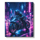 Motorcycle Paint by Numbers For Adults featuring black sport bike and helmeted rider racing through neon blue pink city with wet street reflections