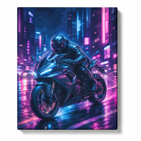 Motorcycle Paint by Numbers For Adults featuring black sport bike and helmeted rider racing through neon blue pink city with wet street reflections