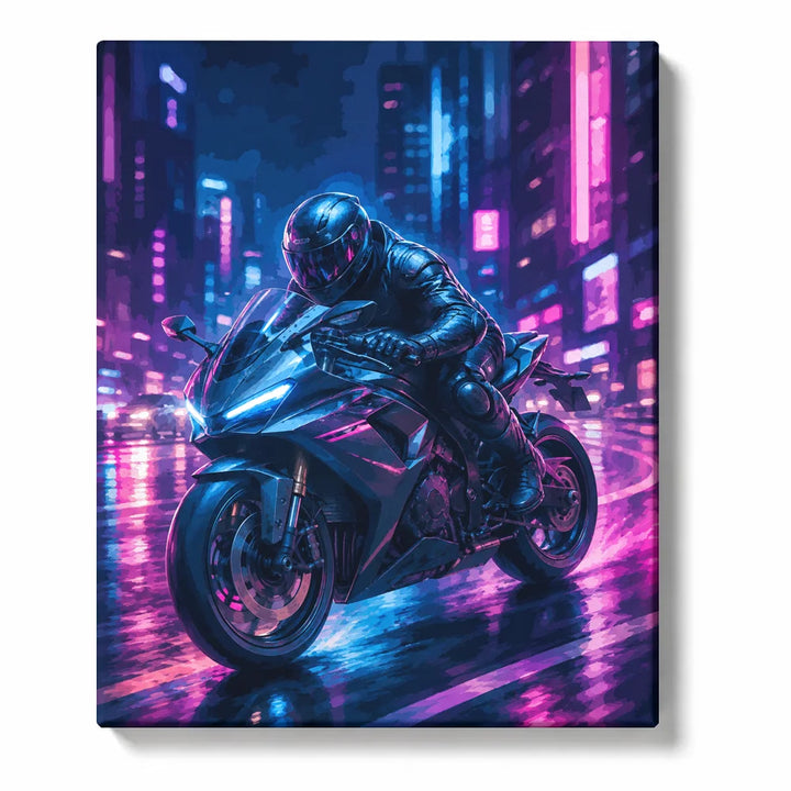 Motorcycle Paint by Numbers For Adults featuring black sport bike and helmeted rider racing through neon blue pink city with wet street reflections