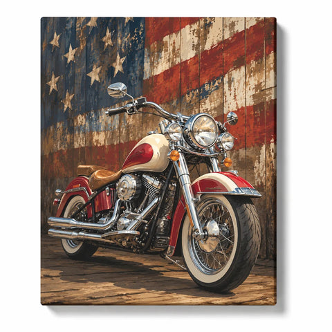 Motorcycle Paint by Numbers For Adults featuring red and cream classic cruiser with chrome engine, whitewall tires and weathered American flag background