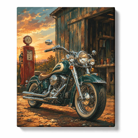Vintage Motorcycle Paint by Numbers For Adults featuring green cruiser beside old gas station with chrome details, rustic wood and golden sunset