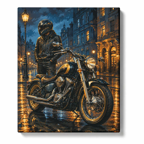Motorcycle Paint by Numbers For Adults featuring black vintage cruiser and helmeted rider on rainy city street with golden lamps and wet pavement reflections