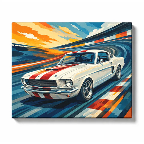 Mustang Paint by Numbers For Adults featuring white classic muscle car with red racing stripes speeding around blue racetrack beneath orange sunset sky