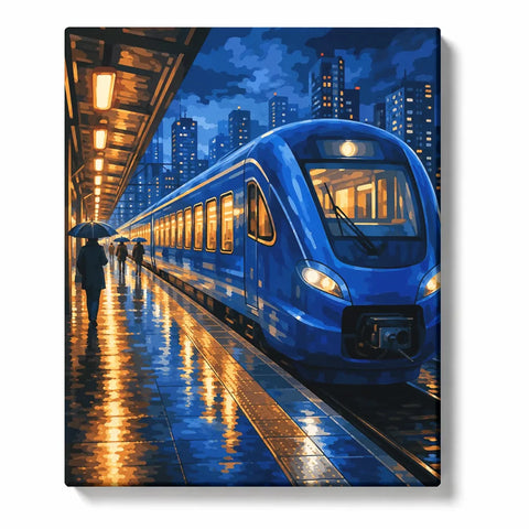 Elevated Metro Train through a Neon Marina Skyline Paint by Numbers Kit for Adults