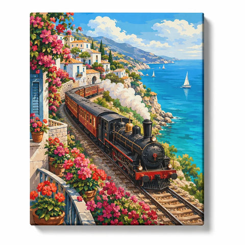 Train Paint by Numbers For Adults featuring vintage black steam locomotive traveling through flower-filled coastal town beside turquoise sea and sailboats