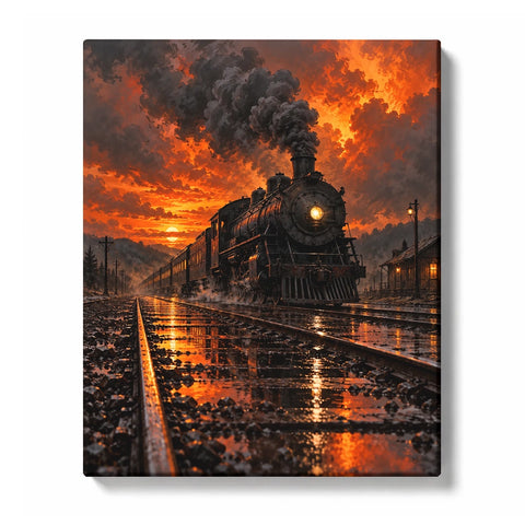 Glowing Black Steam Locomotive beneath a Fiery Sunset Sky Paint by Numbers Kit for Adults – Home Decor - City | PaintEasy