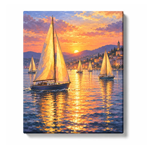 Golden Sailboats in an Evening Harbor