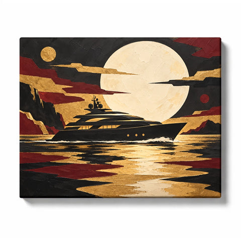 Luxury Yacht below a Gold and Blue Marina Skyline Paint by Numbers Kit for Adults