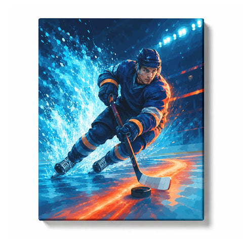 Paint by Numbers artwork of an ice hockey player in blue and orange gear turning toward a puck, with blue ice spray and orange light across the rink.