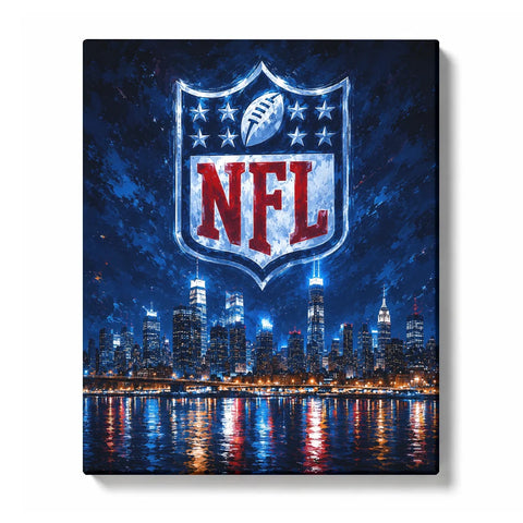 NFL shield with red lettering and white stars above an illuminated blue waterfront skyline, with colorful reflections in Paint by Numbers artwork.
