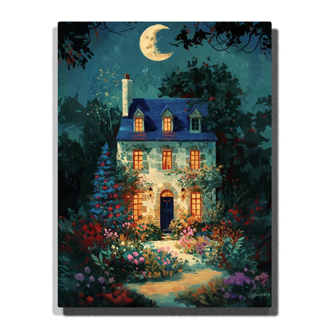 Moonlit House Paint by Numbers For Adults featuring white house with glowing golden windows, crescent moon, colorful flower garden and winding illuminated path