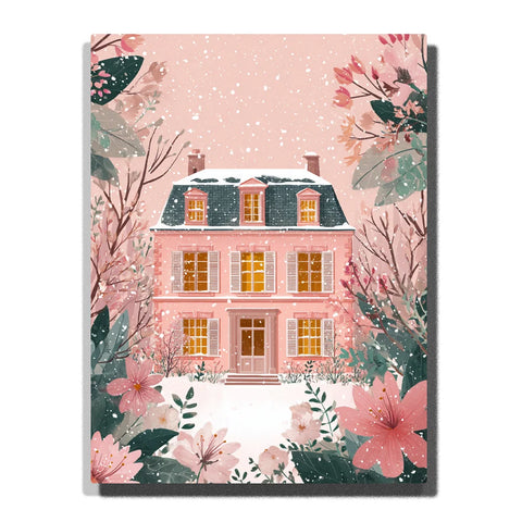 Paint by numbers pink country house in a snowy winter garden, surrounded by soft pink flowers, green foliage, falling snow, and warm glowing windows.