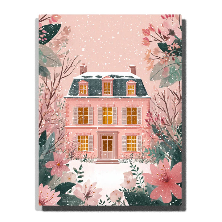 Paint by numbers pink country house in a snowy winter garden, surrounded by soft pink flowers, green foliage, falling snow, and warm glowing windows.