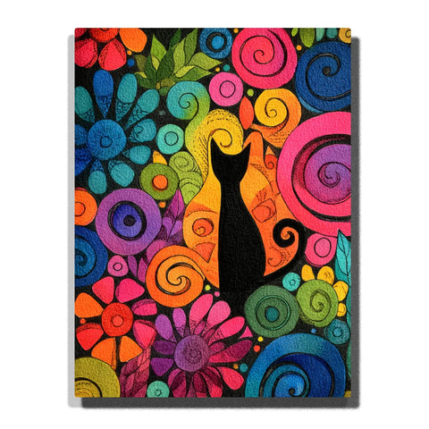 Black Cat Paint by Numbers For Adults featuring a seated black cat silhouette with curled tail surrounded by colorful spiral flowers in pink orange blue purple and green