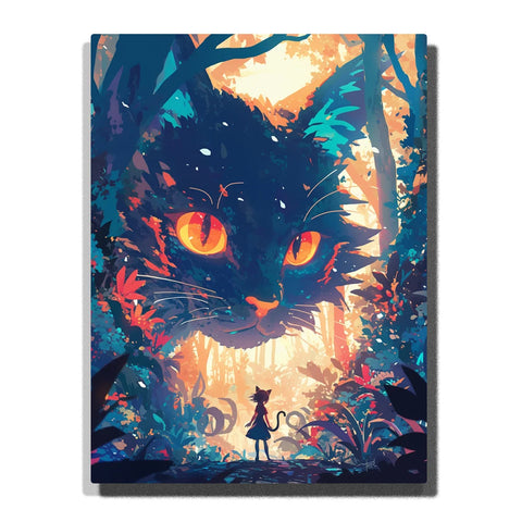 Black Cat Paint by Numbers For Adults featuring giant dark cat with glowing orange eyes towering over a tiny figure in a teal coral and golden enchanted forest