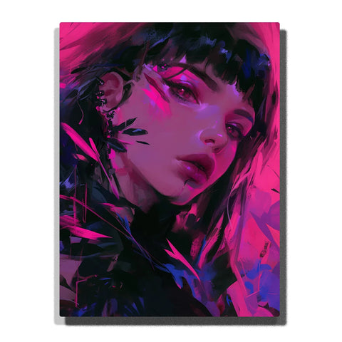 Neon Woman Portrait Paint by Numbers For Adults featuring close-up female face illuminated by hot pink and purple light with short dark hair, piercings and abstract leaves
