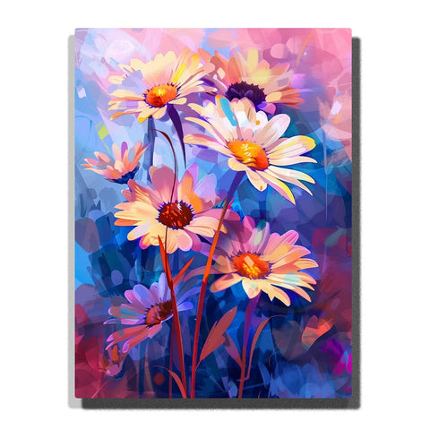 Paint by Numbers Flowers For Adults featuring colorful white peach and lavender daisies with orange centers against a vibrant blue pink purple and turquoise painterly background