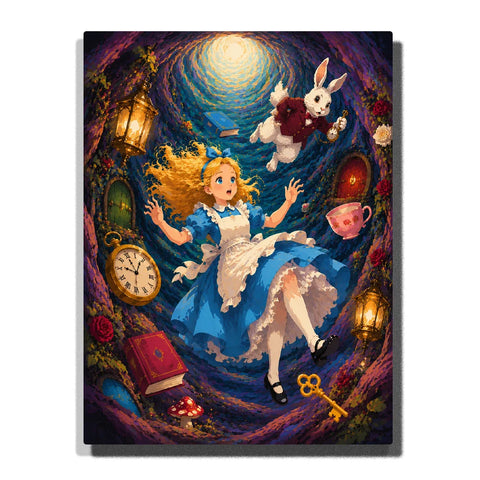 Alice in Wonderland Paint by Numbers For Adults featuring Alice falling down the rabbit hole with White Rabbit, pocket watch, golden key, teacup and glowing lanterns
