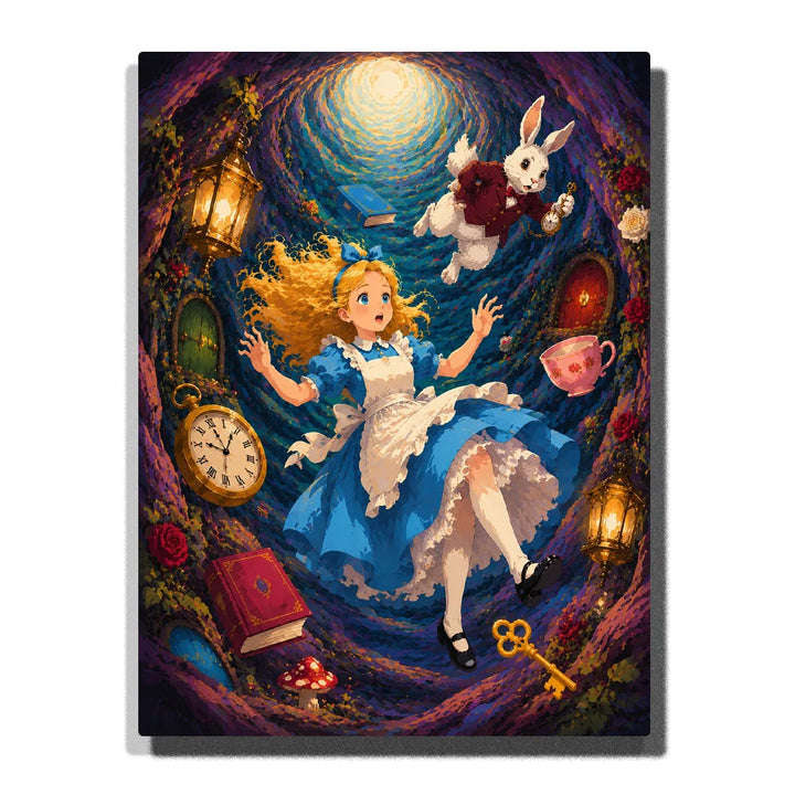 Alice in Wonderland Paint by Numbers For Adults featuring Alice falling down the rabbit hole with White Rabbit, pocket watch, golden key, teacup and glowing lanterns