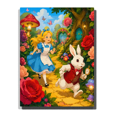 Alice in Wonderland Paint by Numbers For Adults featuring Alice chasing White Rabbit with pocket watch through colorful fantasy garden with roses, mushrooms and butterflies