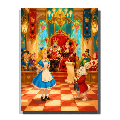 Alice in Wonderland Paint by Numbers For Adults featuring Alice before the King and Queen of Hearts with White Rabbit, royal scroll, red throne and Wonderland court