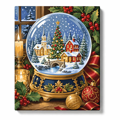 Christmas Paint by Numbers For Adults featuring ornate snow globe with decorated Christmas tree, snowy village, church, cottages, stone bridge, holly and golden ornaments