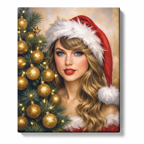 Taylor Swift inspired Christmas Paint by Numbers For Adults featuring glamorous blonde woman with blue eyes, red lips and Santa hat beside golden ornaments and evergreen tree