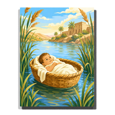 Baby Moses floating in a woven basket on the Nile River with reeds, palm trees and ancient Egyptian temple Paint by Numbers by PaintEasy