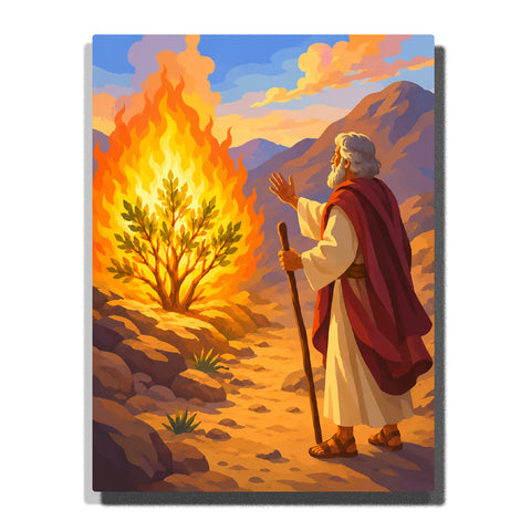 Moses standing before the burning bush with glowing flames in a rocky desert valley surrounded by mountains at sunset Paint by Numbers by PaintEasy