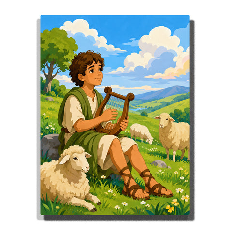Young David playing a wooden harp while sitting among grazing sheep in a green meadow with rolling hills and blue sky Paint by Numbers by PaintEasy