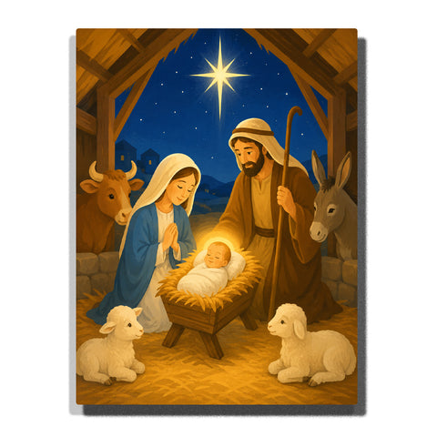 Holy Family with Baby Jesus in a Bethlehem manger beneath the Star of Bethlehem with Mary, Joseph, lambs, donkey and ox inside a wooden stable Paint by Numbers by PaintEasy