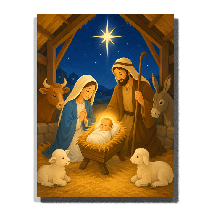 Holy Family with Baby Jesus in a Bethlehem manger beneath the Star of Bethlehem with Mary, Joseph, lambs, donkey and ox inside a wooden stable Paint by Numbers by PaintEasy