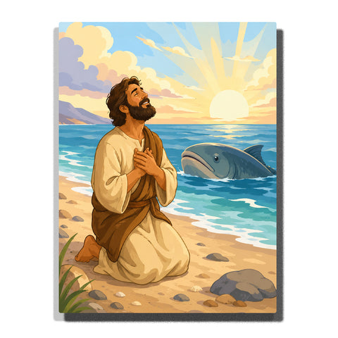 Jonah praying after the great fish rescue from Bible Story with ocean waves, sunrise sky and biblical coastal landscape Paint by Numbers by PaintEasy