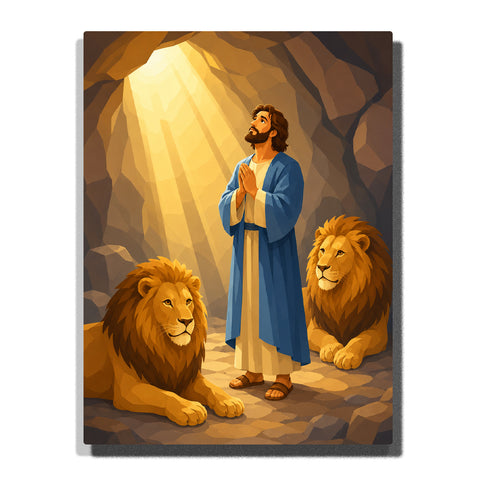 Daniel praying among two lions inside a cave with divine golden light shining through the opening Paint by Numbers by PaintEasy