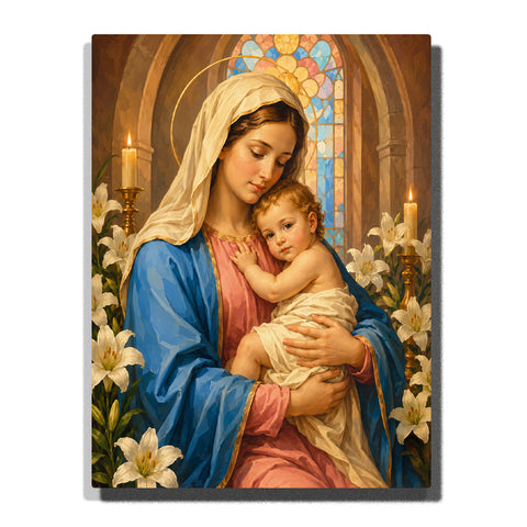Virgin Mary lovingly holding Baby Jesus inside a church with white lilies, glowing candles and stained glass window Paint by Numbers by PaintEasy