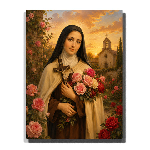 Saint Thérèse of Lisieux holding a wooden crucifix with blooming pink and red roses beside a church at sunset Paint by Numbers by PaintEasy