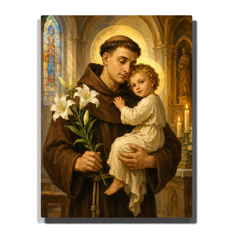 Saint Anthony of Padua holding Infant Jesus with white lilies inside a candlelit church beneath stained glass windows Paint by Numbers by PaintEasy