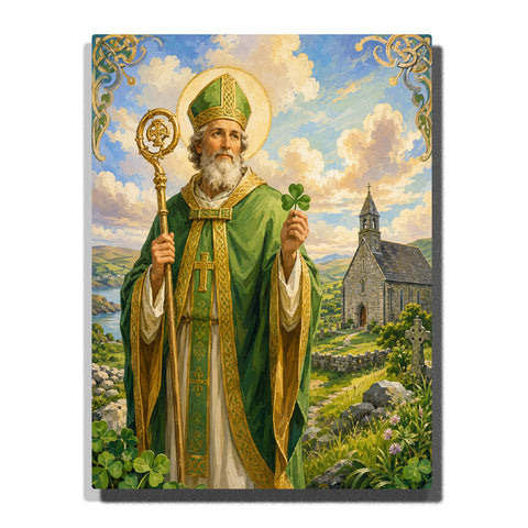 Saint Patrick holding a shamrock and bishop's crosier beside a countryside Irish church with green hills and blooming wildflowers Paint by Numbers by PaintEasy