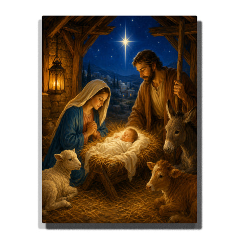 Holy Family adoring Baby Jesus in a Bethlehem stable with the Star of Bethlehem, lantern light, donkey, lamb and calf Paint by Numbers by PaintEasy