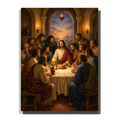 Jesus sharing the Last Supper with the Apostles around a candlelit table inside an arched stone room with bread, cups and sunset view Paint by Numbers by PaintEasy