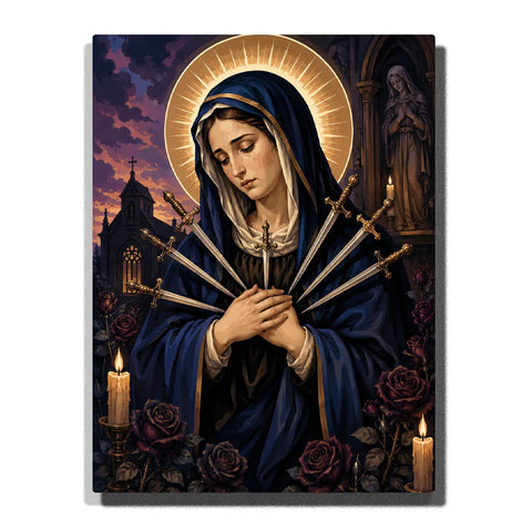 Virgin Mary Paint by Numbers For Adults featuring Our Lady of Sorrows in deep blue mantle with seven swords, golden halo, dark roses, candles and Gothic church