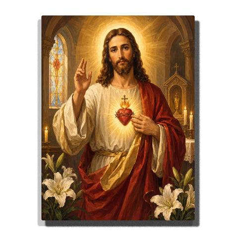 Jesus Paint by Numbers For Adults featuring Sacred Heart of Jesus in red and white robes giving a blessing inside Catholic church with lilies, candles and stained glass