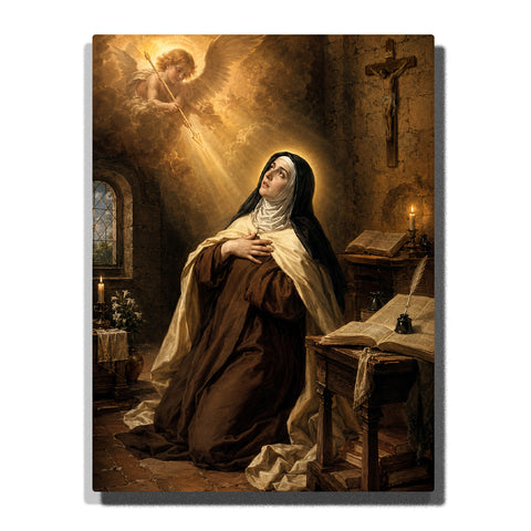 Saint Teresa praying in a monastery chapel with angelic vision, crucifix, candles, open scriptures and golden heavenly light Paint by Numbers by PaintEasy