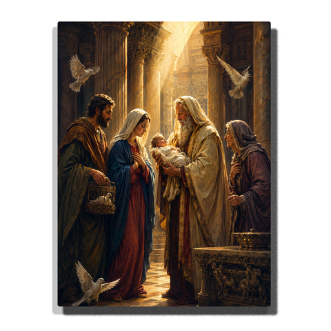 Presentation of Baby Jesus in the Temple with Mary, Joseph, Simeon, sacred doves, golden light and ancient columns Paint by Numbers by PaintEasy