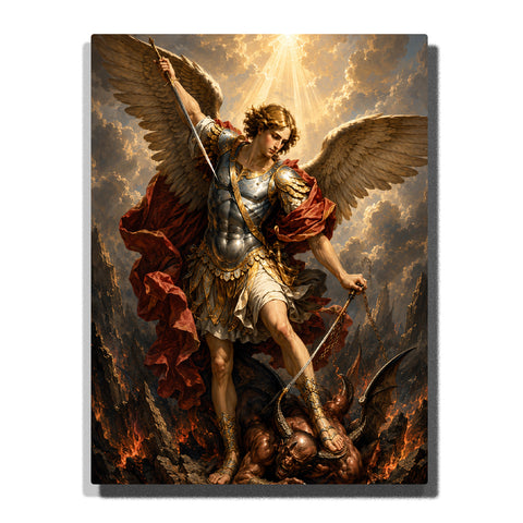 Archangel Michael defeating Satan with sword, golden armor, white wings, divine light rays, dragon and Catholic religious artwork Paint by Numbers by PaintEasy