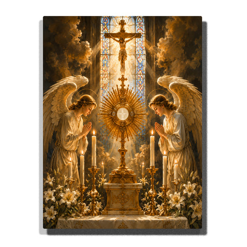 Catholic Eucharistic Adoration scene with praying angels, golden altar, monstrance, crucifix, stained glass window, candles and sacred church interior Paint by Numbers by PaintEasy