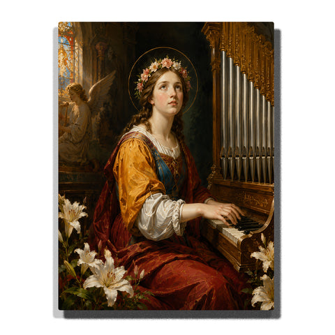 Saint Cecilia playing organ inside a church with angel, floral crown, white lilies, stained glass and golden sacred interior Paint by Numbers by PaintEasy
