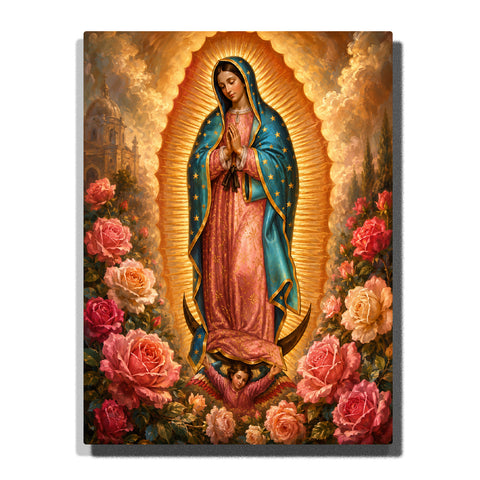 Virgin Mary standing in prayer with golden halo, blue star mantle, pink robe, blooming roses and heavenly light Paint by Numbers by PaintEasy