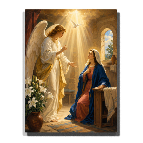 Angel Gabriel announcing to Virgin Mary with white wings, divine light rays, dove, lilies and sacred chapel interior Christian artwork Paint by Numbers by PaintEasy